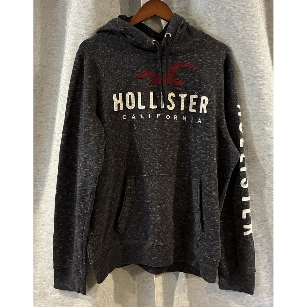 Hollister Sweater Embroidered Gray Red Hooded Pullover Cotton Spell Size Large